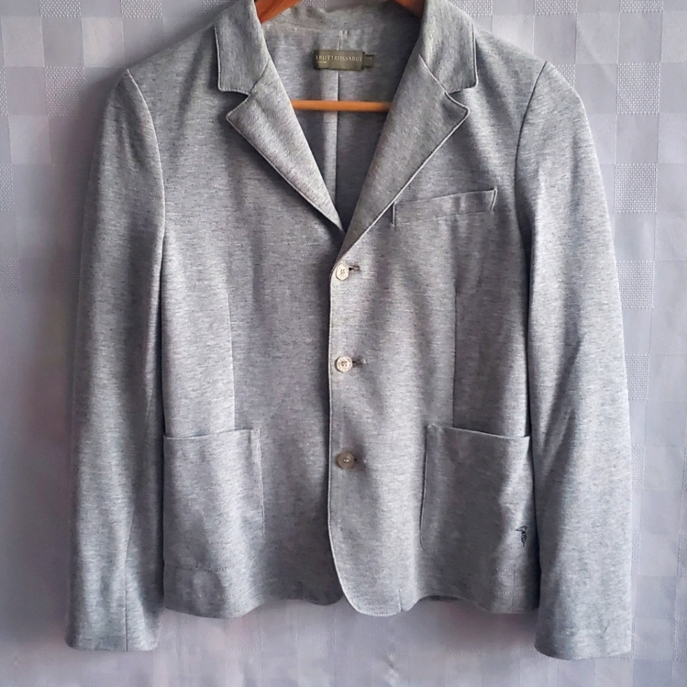 TRUSSARDI Unisex Kid's Grey Knit Blazer Pockets Back Vents Preppy Academia